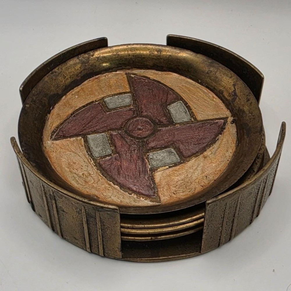 4 Vtg Brutalist Brass Coasters 
with Holder Geometric Inlay Patina MCM Ashtrays